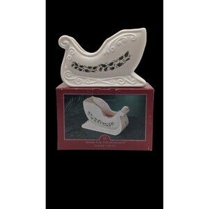 Home For The Holidays Porcelain Sleigh w/Holly Print Votive 2 Wick Candle w/Box